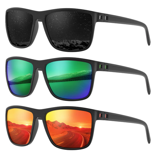 Fanshen Square Polarized Sunglasses for Men, 3 Pack Lightweight UV Protection Sun Glasses for Driving Fishing Golf (Black/Green/Red)