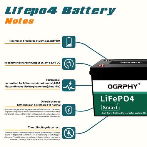 OGRPHY 48 Volt Lithium Battery for Golf Cart with 18A Charger, 48V Lithium Battery with 200A BMS, LCD & Mobile Monitor, 5.12kWh with 10.24kW Output, 1000A Peak Current for Golf Cart