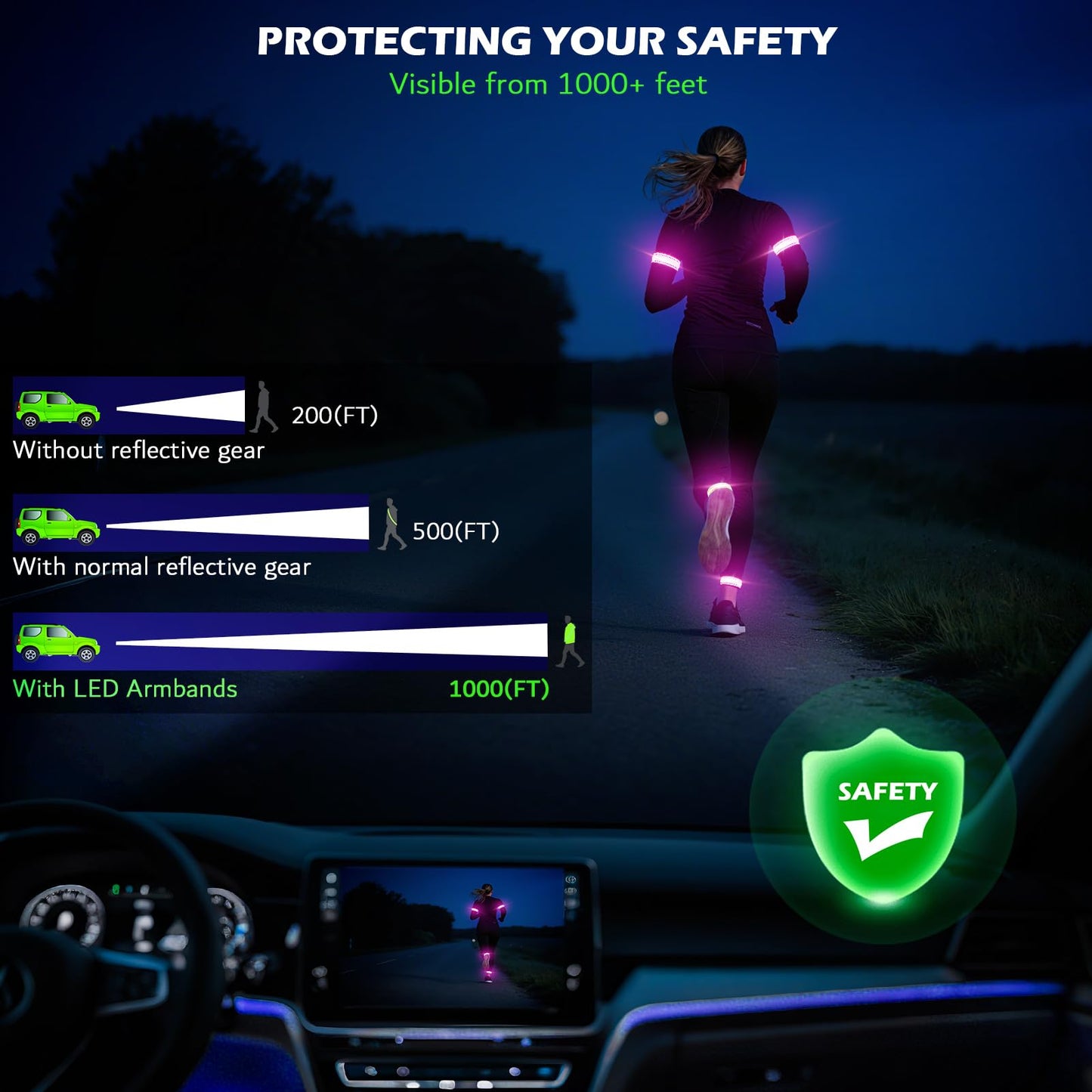 LED Armband Rechargeable for Running(2 Pack),Light Up Arm Bands for Night Walking,Running Lights for Runners,High Visibility Reflective Running Gearr for Night Safety Light Up Wristbands (Pink)