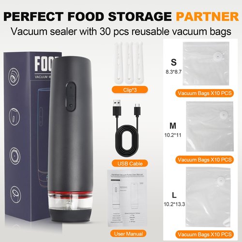 Handheld Vacuum Sealer for Food with Visible Water Tank, Portable Vacuum Sealer Machine, Compact Cordless Food Sealer with 30 Reusable Vacuum Bags for Food Preservation & Storage