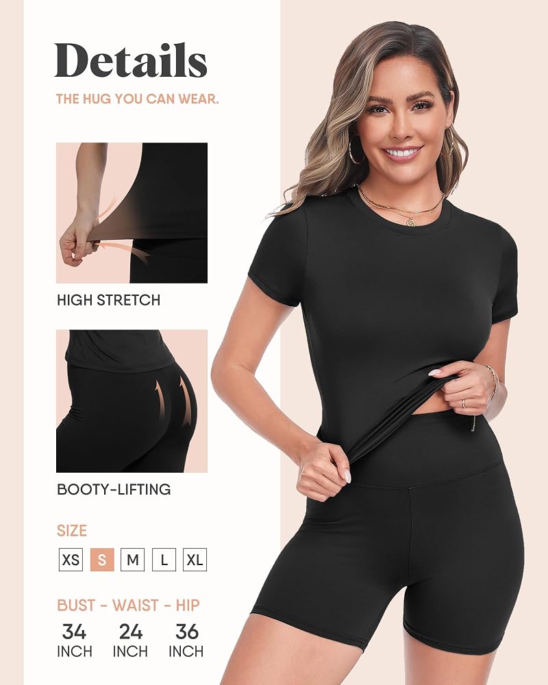 Two-Piece Women's Workout Set - Short Sleeve Top & High-Wwaist Shorts, 01-Black XL