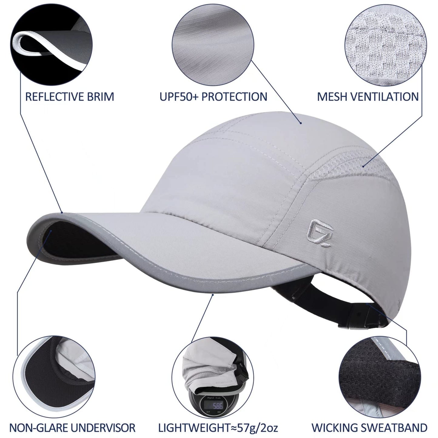 GADIEMKENSD Womens Hats Baseball Cap UPF 50+ Sun Quick Dry Lightweight Breathable Trucker Hat Outdoor Hiking Fishing Run Golf Sports Dad Mesh Reflective Running Hats Ponytail for Women Light Gray