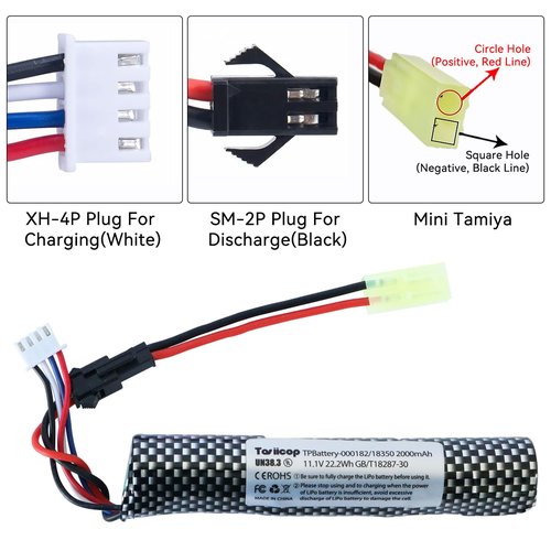 Tosiicop Airsoft Gel Blaster Battery - 11.1V 2000mAh Water Bead Splatter Ball Batteries with Mini Tamiya to SM2P Plug Rechargeable Charger Cable for Splat Ball Replacement - 1 Pack