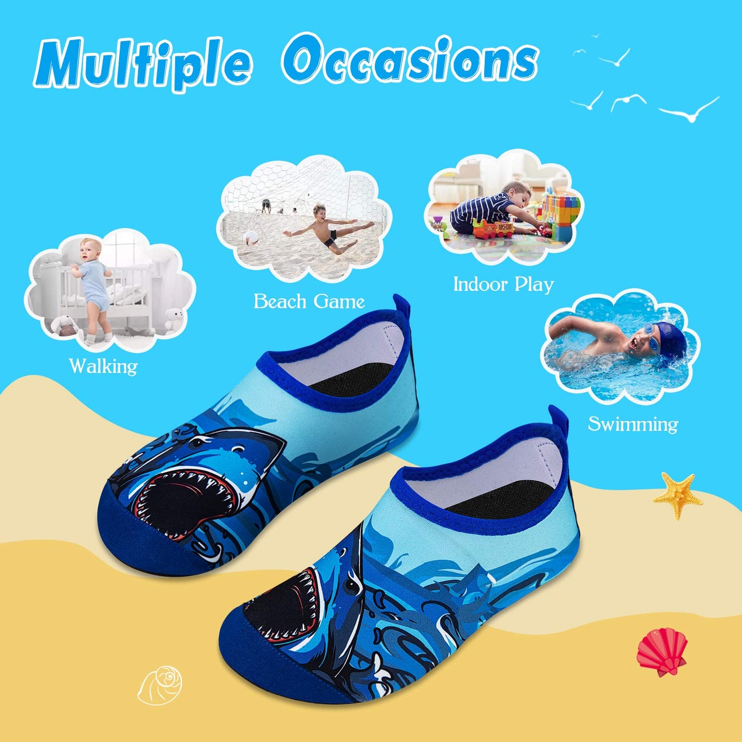 WateLves Kids Water Shoes Toddler Girls Boys Barefoot Non-Slip Quick Dry Aqua Socks for Beach Swim Walking (Big Shark, 36/37)