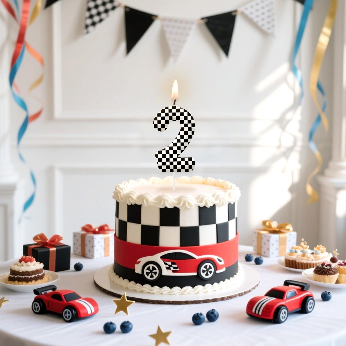 Racing Cars Number 70 Birthday Candles, Black White Checkered Flag Themed Cake Topper for Boys Girls, Cake Decorations for Birthdays, Race Car Theme Party Supplies, Candles for Party Decorations