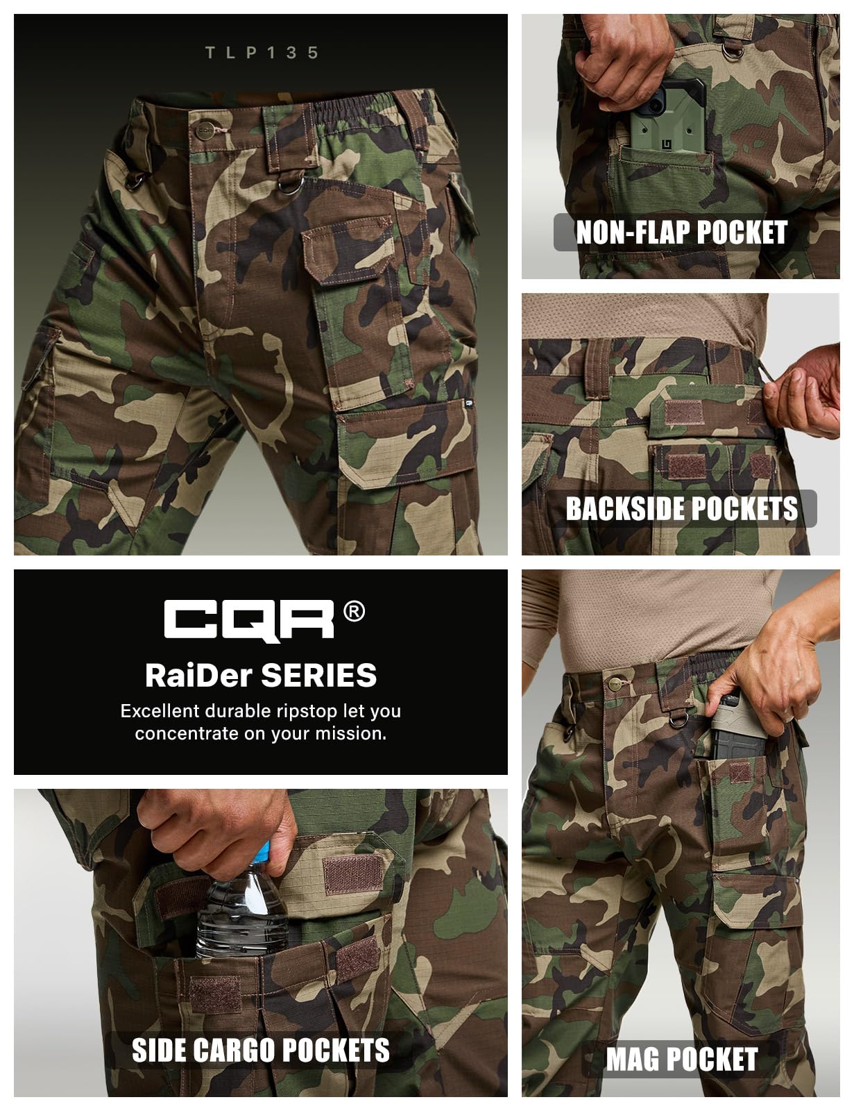 CQR Men's Tactical Pants, Water Resistant Ripstop Cargo Pants, Lightweight EDC Work Hiking Pants, Outdoor Apparel, Duratex Mag Pocket Print Woodland Camo, 32W x 32L