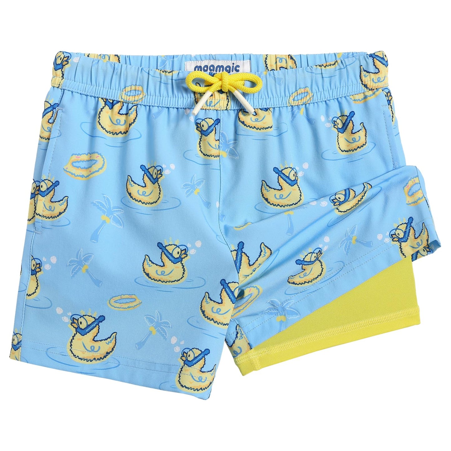 maamgic Boys Swim Trunks with Compression Liner Toddler Stretch Swim Shorts Quick Dry Swimming Trunks Boxer Brief 2 in 1 Beach Shorts Blue Rubber Ducky 10/12