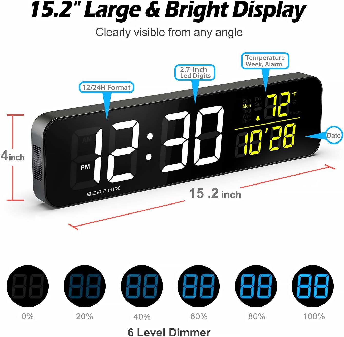 15.2" Gym Timer, App & Remote Control, Customizable LED Colors, Temperature, Date, Workout Interval Timer Stopwatch Countdown Large Digital Wall Clock for Home Gym Garage