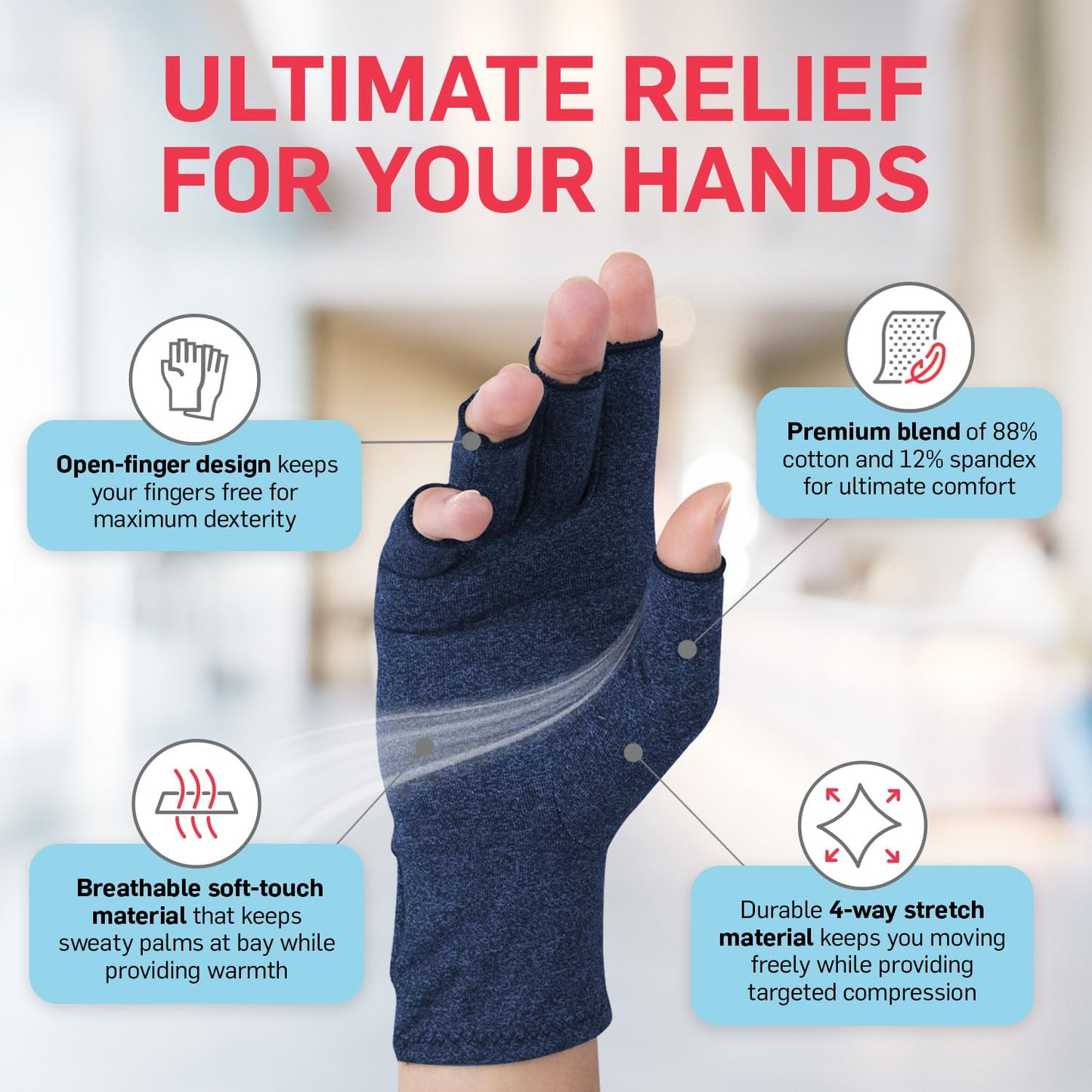 Dr. Arthritis Essentials Open-Fingertip Arthritis Gloves, Compression Gloves Ideal as Raynauds Gloves, Hand Brace for Arthritis (Navy, Large)