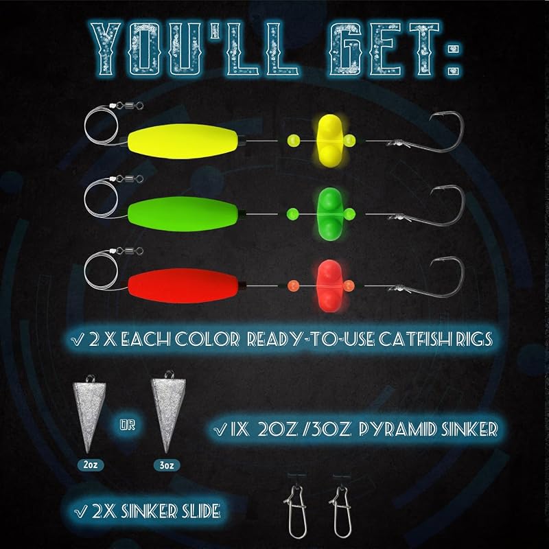 Catfish Rig Kit - 6 Pre-Tied Rigs with 2 Sinker Sliders, 2oz Pyramid Sinker, Hooks 5/0-6/0, Variation Hook Size 5/0-Weight 2 oz