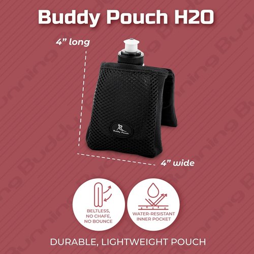 Running Buddy Magnetic H2O Pouch - Black | 4x4 in, Includes 7 Oz Water Bottle | Runners Hydration Bottle Holder | Beltless, No Chafe, No Bounce | Great for Running, Walking & Travel | for Men & Women