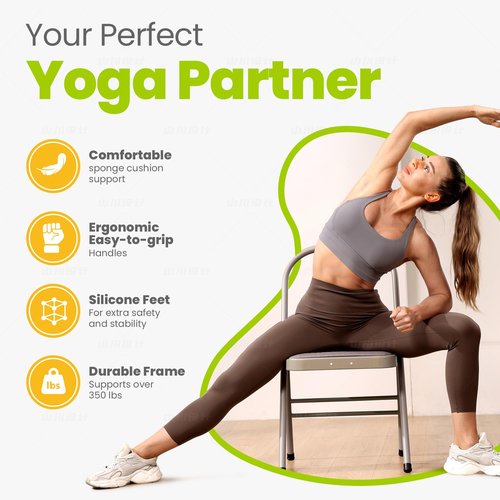 Foldable Yoga Auxiliary Chair with 3 Training Guide Posters for Versatile Exercises, Yoga Assist Handstand Chair with Detachable Lumbar Back Support for Stretching, Balance Training. (Grey)