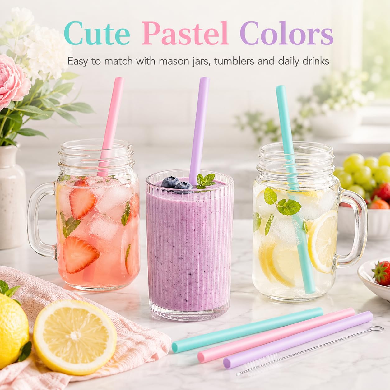 Joshey 6PCS Replacement Straws for Owala FreeSip 24oz & 32oz Water Bottles - Reusable Plastic Straws with 1 Cleaning Brush, Travel Tumbler Accessories Parts - 3 Colors (Pink, Green, Purple)