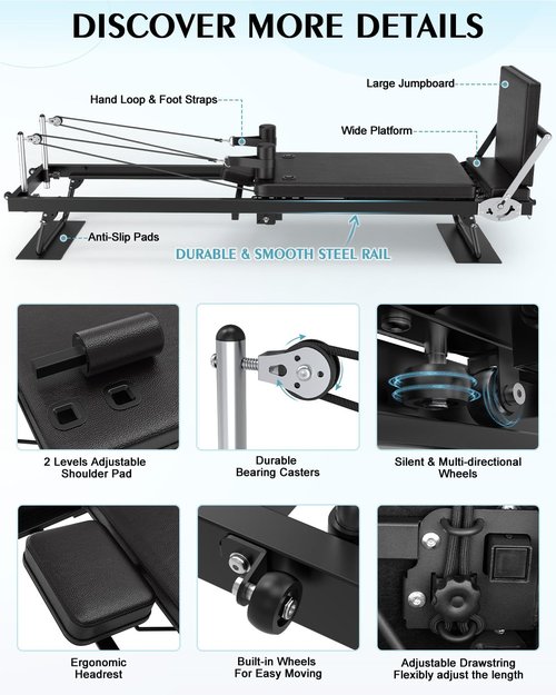 91.3" Pilates Reformer Foldable, TYRSEN Adjustable Pilates Machine, Springs and Cords Dual Resistance Customizable, Longer Smooth Rail, Jump Board, Full-Body Workout Equipment Home Use, Up to 400 lbs