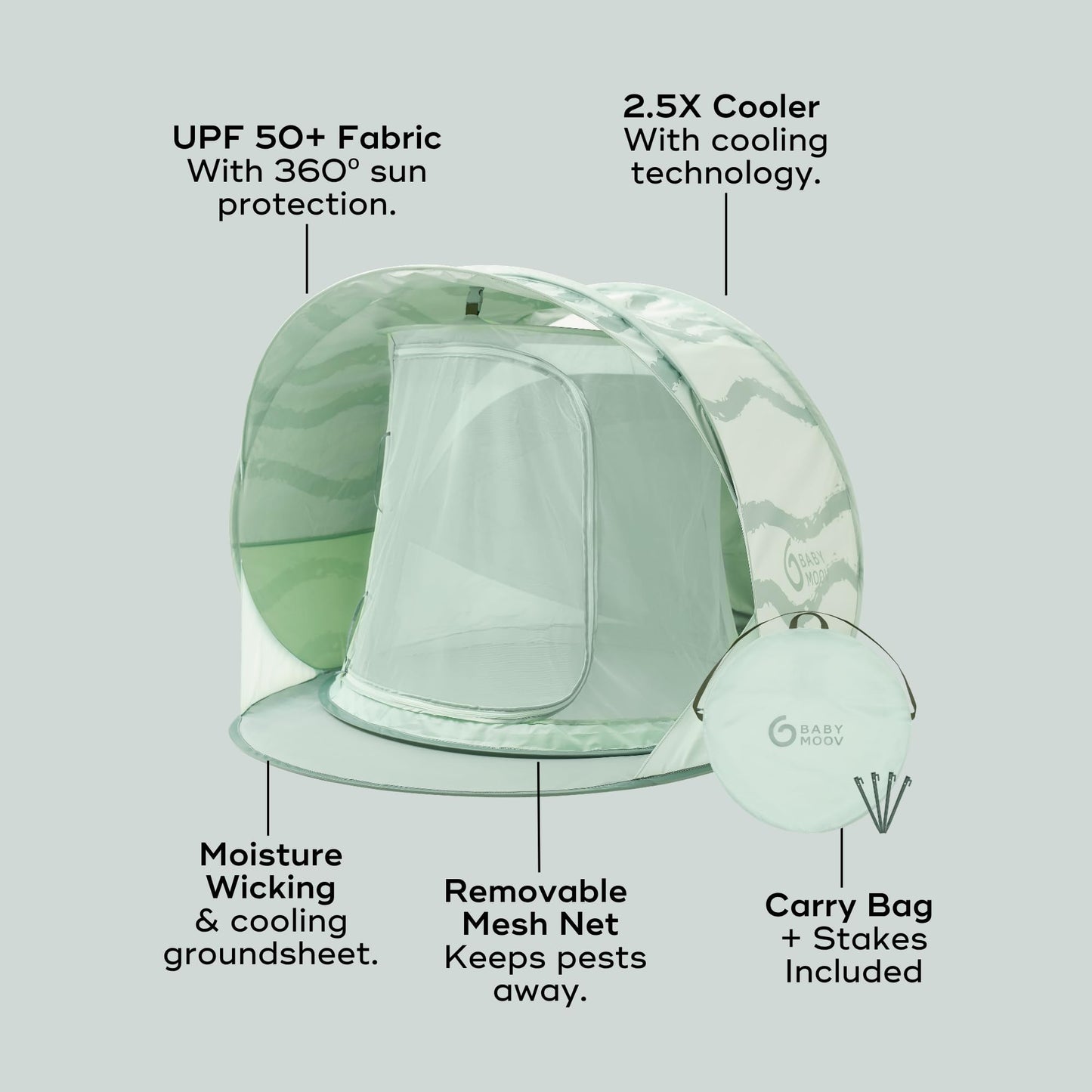 Babymoov Moov & Protect Anti-UV Cooling Beach Tent for Babies with Integrated Mosquito Net, Portable, Green Lagoon (Summer 2025 Edition)