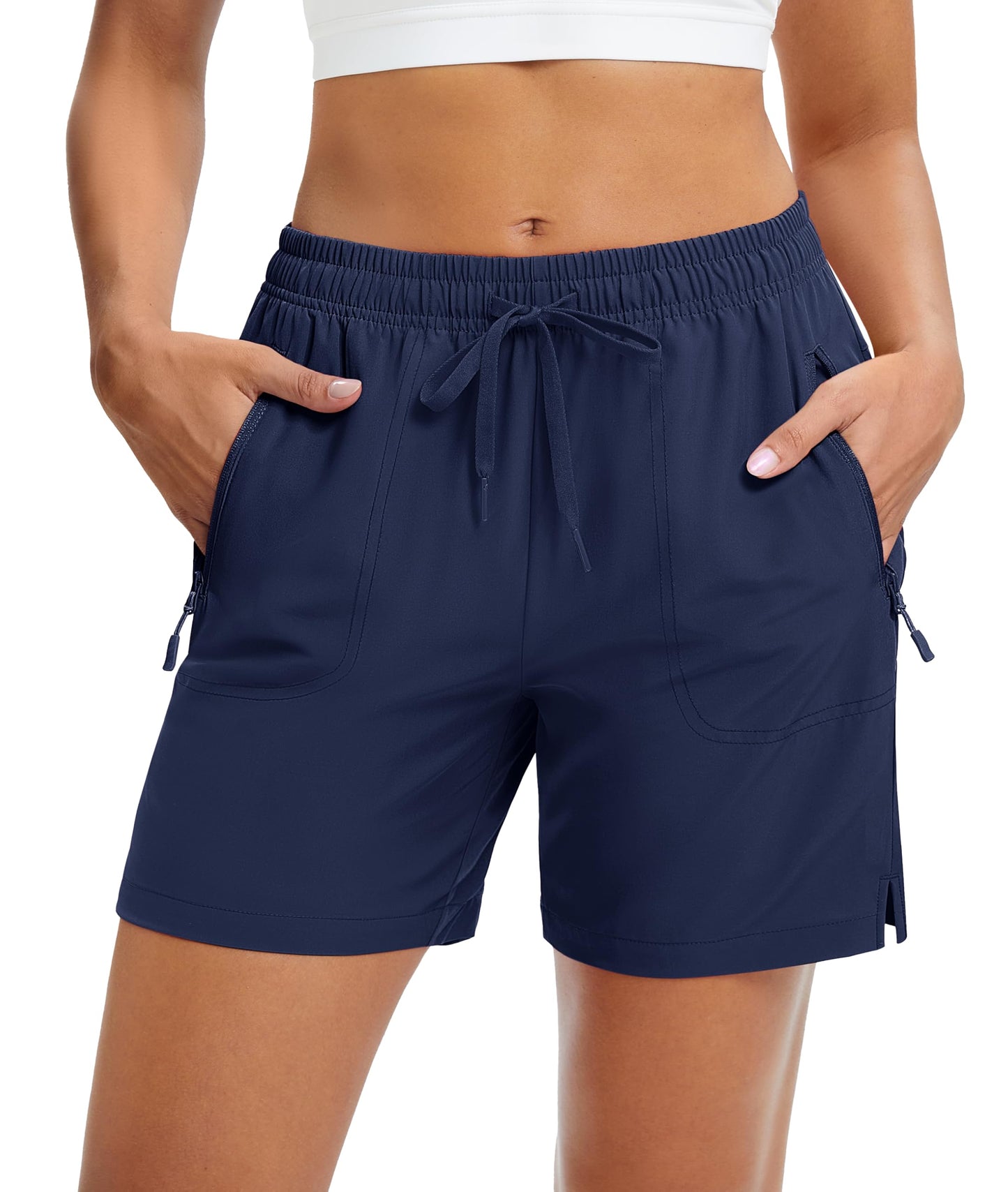 MAGCOMSEN Women's 5" Hiking Golf Shorts with Pockets Summer Lightweight Quick Dry Gym Running Shorts Waterproof Navy, L