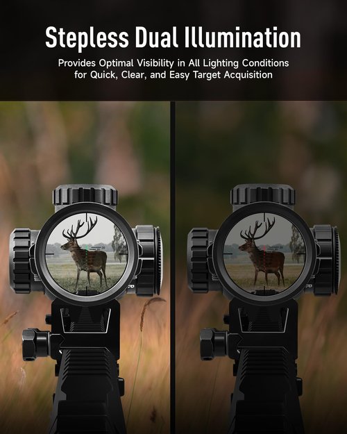 PINTY 1.5-5x32 Crossbow Scope, SFP Optics Scope Crossbow 20-100 Yards Etched Glass Ballistic Reticle, Red Green Illuminated Crossbow Scope for Hunting,with 20mm Scope Rings