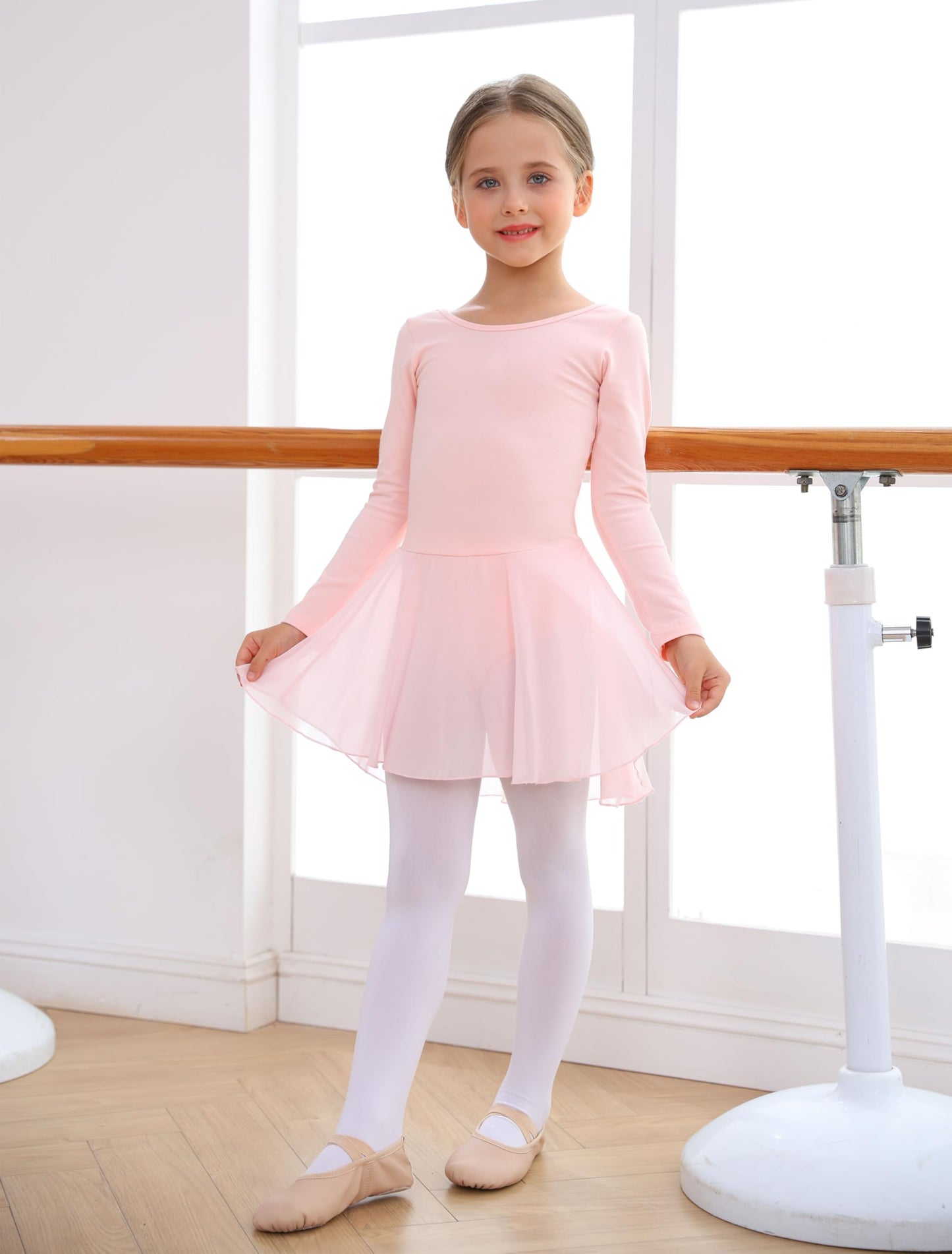 MdnMd Long Sleeve Toddler Ballet Leotards for Girls Dance Leotard Skirted Gymnastics Ballerina Dress AM300 (Ballet Pink, 2-4 Years)