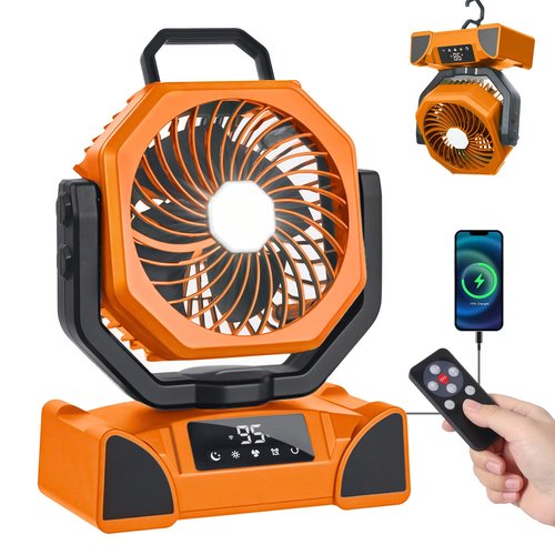 OUTTPLY 20000mAh Portable Camping Fan, Rechargeable Battery Powered Fan with Remote Control & Oscillating, LED Display, Light, Timer, Rotation, Hanging Hook for Outdoor Camp, Beach, Travel Tent