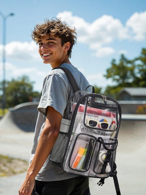 QOECI Heavy Duty Clear Backpack For School, 17 Inch Large Clear Bookbag For Kids Boys Girls Women Men, 360° 3M Reflective Strips See Through Backpack, Multi-Pockets Tranparent Bag, College Work, Black