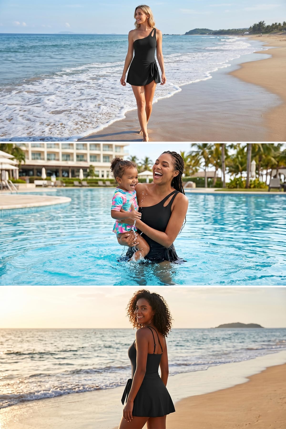 Daci One Piece Swimsuit with Skirt Tummy Control Swim Dress Black M