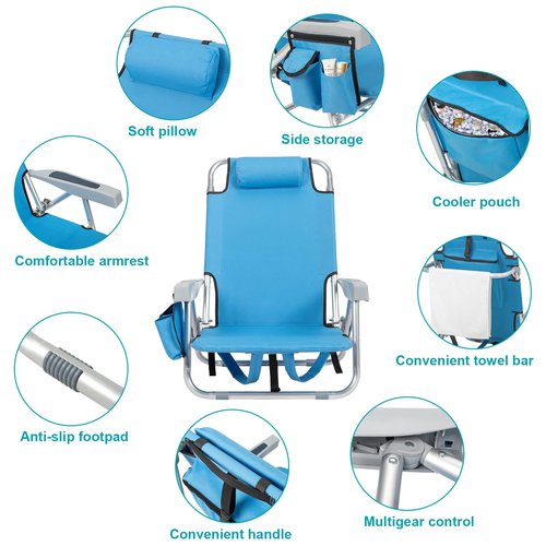 WISLAS 5-Position Folding Low Backpack Beach Chair with Headrest & Cup Holder - Portable Aluminum Reclining Camping Chair with Storage Bags, Adjustable Recline - Lightweight & Compact, Dark Blue