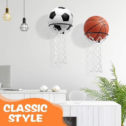 RoundFunny 2 Pcs Basketball Holder Wall Mount Ball Stand Display Storage Rack with Net and Hooks Sports Accessories Organizer for Football Soccer Volleyball Display