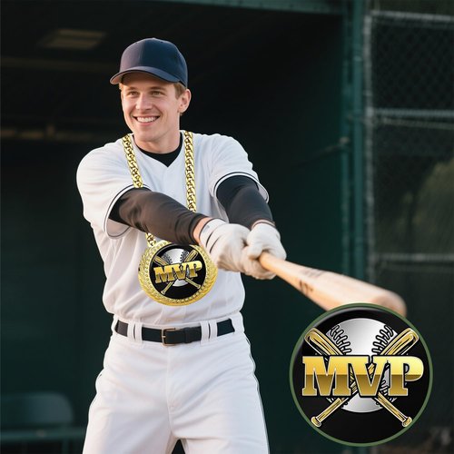 Baseball Chain MVP Medal Award – 6" Oversized Gold Turnover Chain Trophy Necklace Prize for Team Champion, Little League, Youth Baseball, Tournament Winner, Banquets Party Gifts