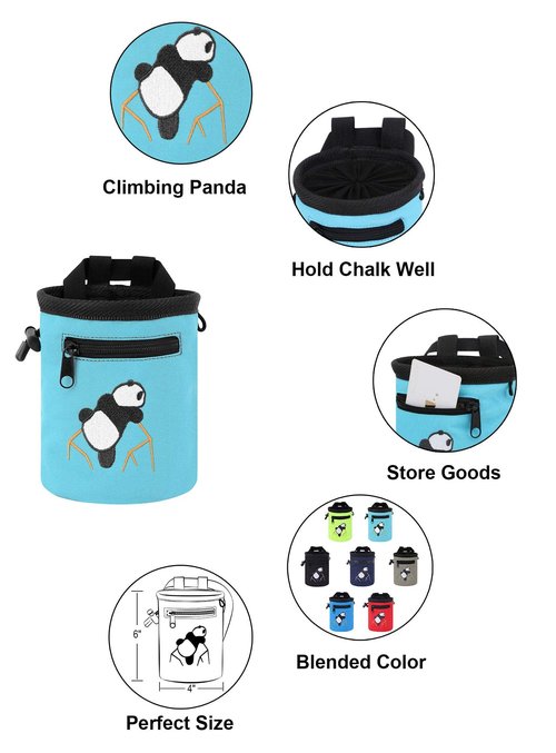 AMC Rock Climbing Panda Design Chalk Bag with Adjustable Belt, Light Blue