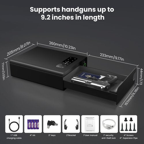 EAMIRUO Single Handgun Safe Unlock with Fingerprint/Keypad/Key/Application, 0.5s Quick Access Biometric Pistol Safe for Handgun, Small Drawer Gun Safe for Nightstand Bedside