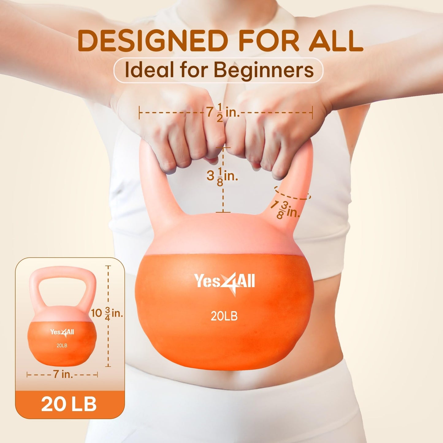 Yes4All Soft Kettlebell, PVC Kettlebells Exercise Weights, 5LB/10LB/15LB/20LB Color-Coded Strength Training Kettlebells, Soft & Gentle Hand Weights for Women at Home - 20LB - Peach Fuzz