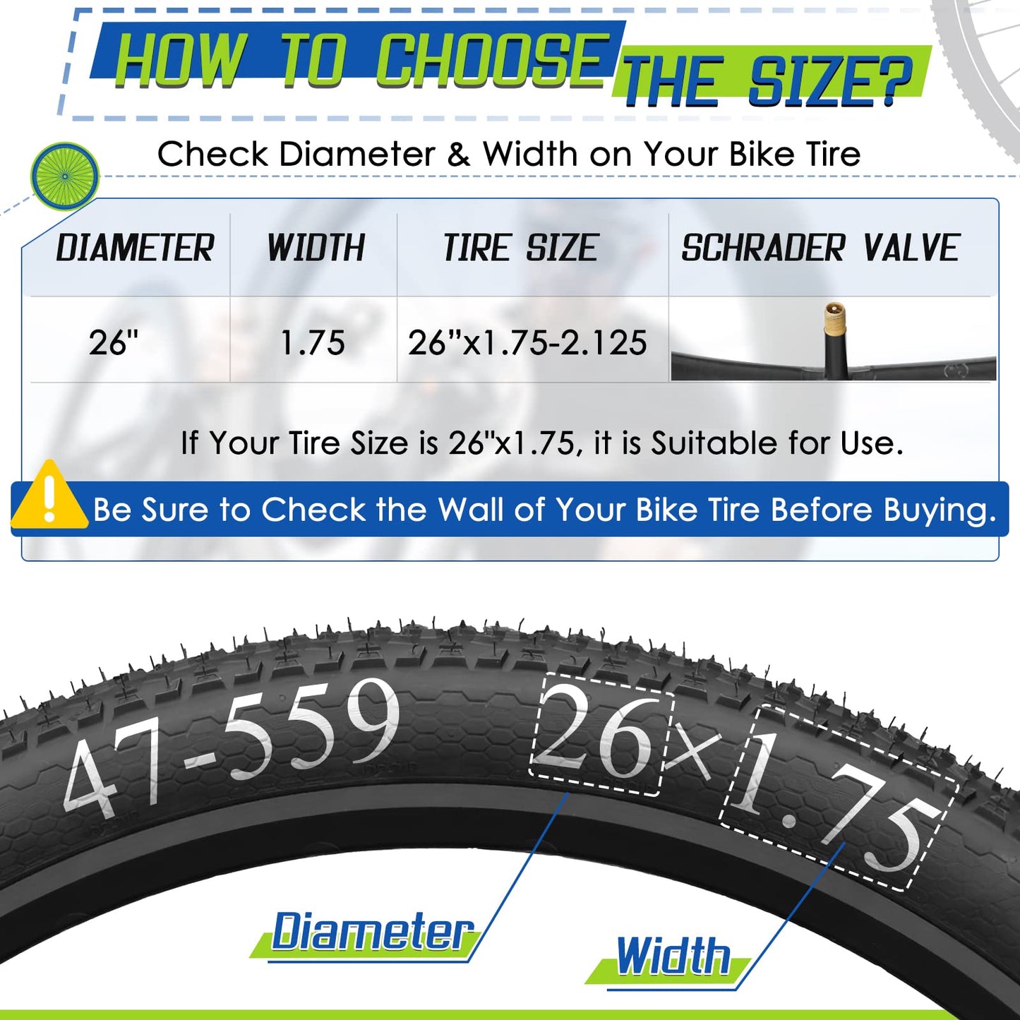 2-Pack Bike Tubes 26" x 1.75/2.125 AV Valve, 26x2.125 Bicycle Tube Compatible with 26x1.75 26 x 1.95 26 x 2.10 26 x 2.125, 26" Bike Rubber Tubes for Road/MTB/City Bikes by Hydencamm (2 of One Size)