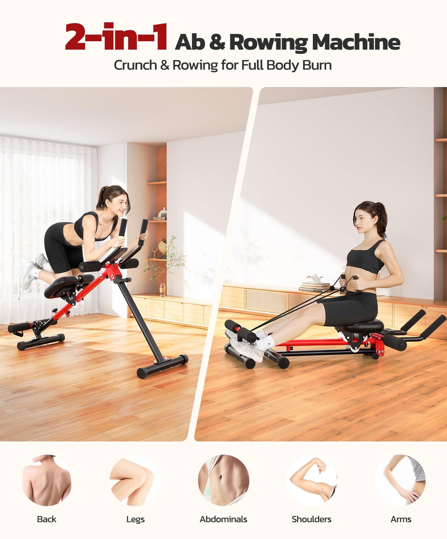 Yoleo 2 in 1 Ab & Rowing Machines for Home, Foldable Ab Workout Equipment, Ab Trainer Machine for Stomach Workout, Ab Crunch Machine with Foam Support,7-Length Adjustable Ab Machine for Home Exercise
