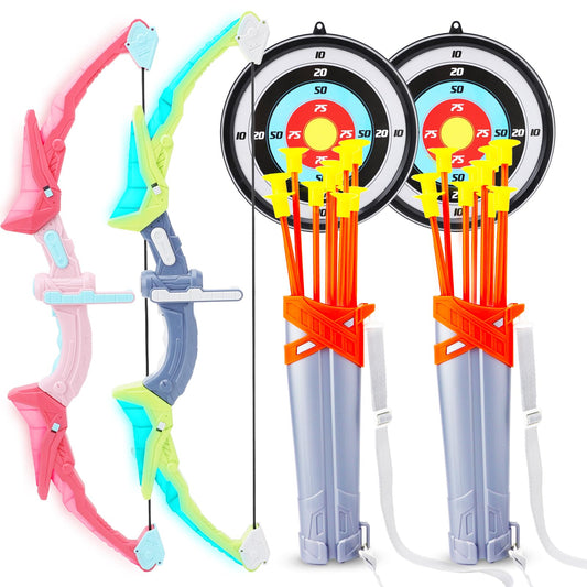 2 Pack Bow and Arrow Set for Kid, LED Light Up Archery Toy with 20 Suction Cup Arrows & 2 Quiver, 2 Score Target, Indoor Outdoor Activity for 6 7 8 9 10 11 12 Year Old Boy Girl Gifts