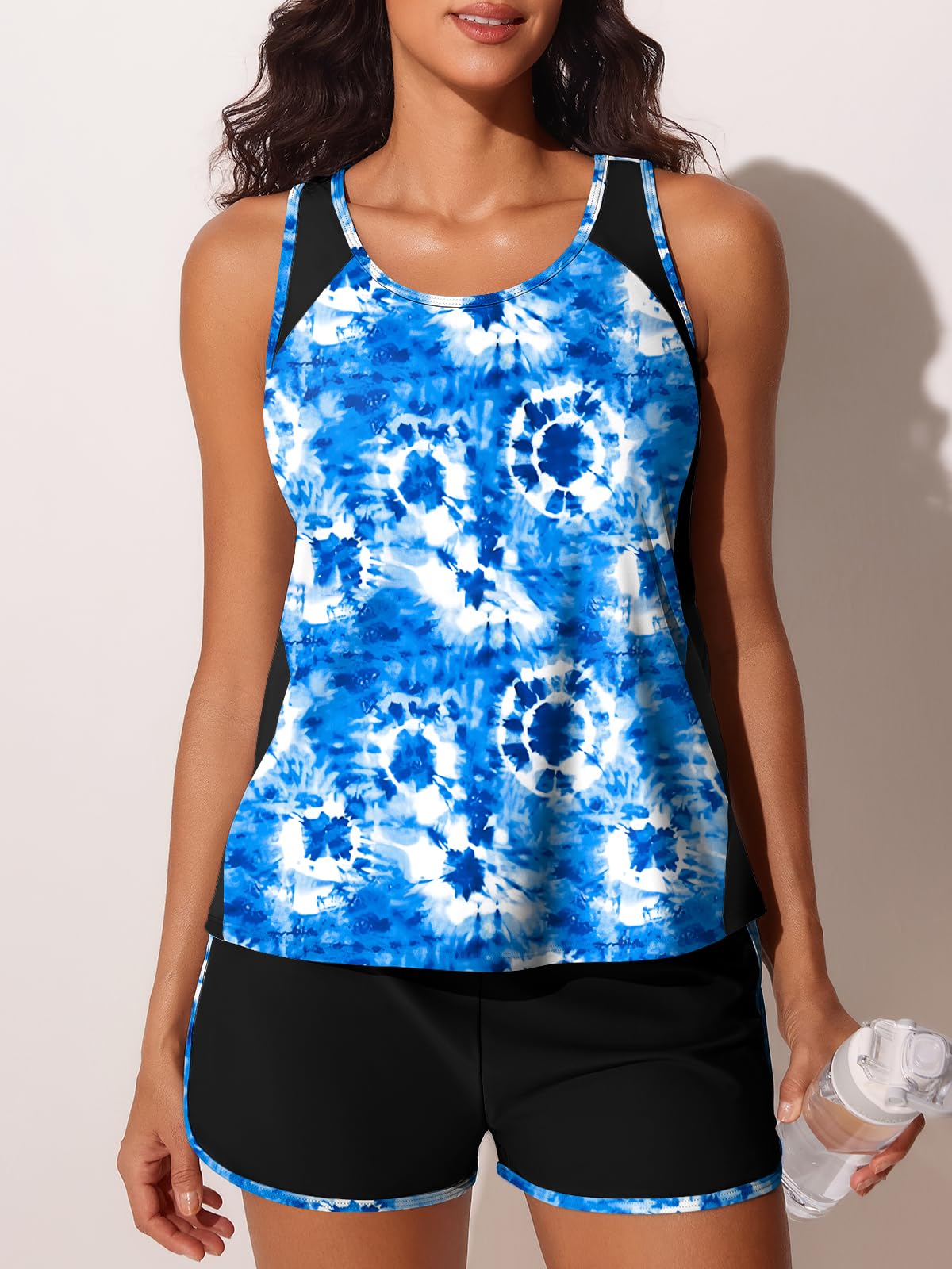 Summer Mae Blouson Tankini Swimsuits for Women 2026 Tummy Control Two Piece Bathing Suits with Sporty Pockets Swim Shorts Blue Tie-Dye Size 6
