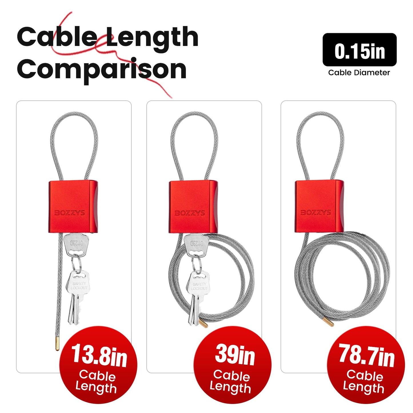 BOZZYS Cable Lock with 3 Keys | L 3.28ft(1m),D 1/6in(4mm) Adjustable Steel Cable Padlock | Aluminum Locks for Bikes, Gate, Lockers & Outdoor Gear | Weatherproof & Red
