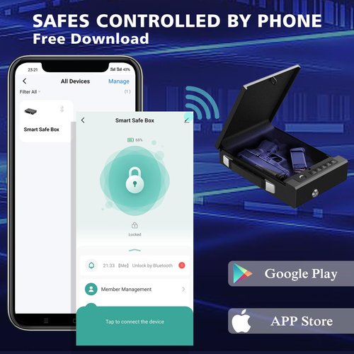Biometric Gun Safe for Handgun - Quick Access Smart Fingerprint & Keypad Pistol Safe, Portable Small Hard Security Lock Box with Keys for Nightstand, Home, Car, Travel