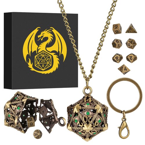 Mini DND Dice Set with Hollow D20 Metal Case Portable Keychain Necklace, Tiny 7pcs Polyhedral D&D Dice Set, DND Gifts with Gift Box, D&D Accessories for RPG（Green Diamond, Bronze）