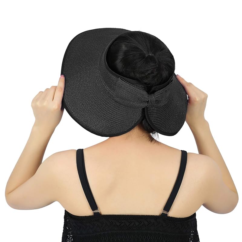 HDE Sun Visor Hat for Women - Packable Ponytail Visor with Bow, Black, One Size