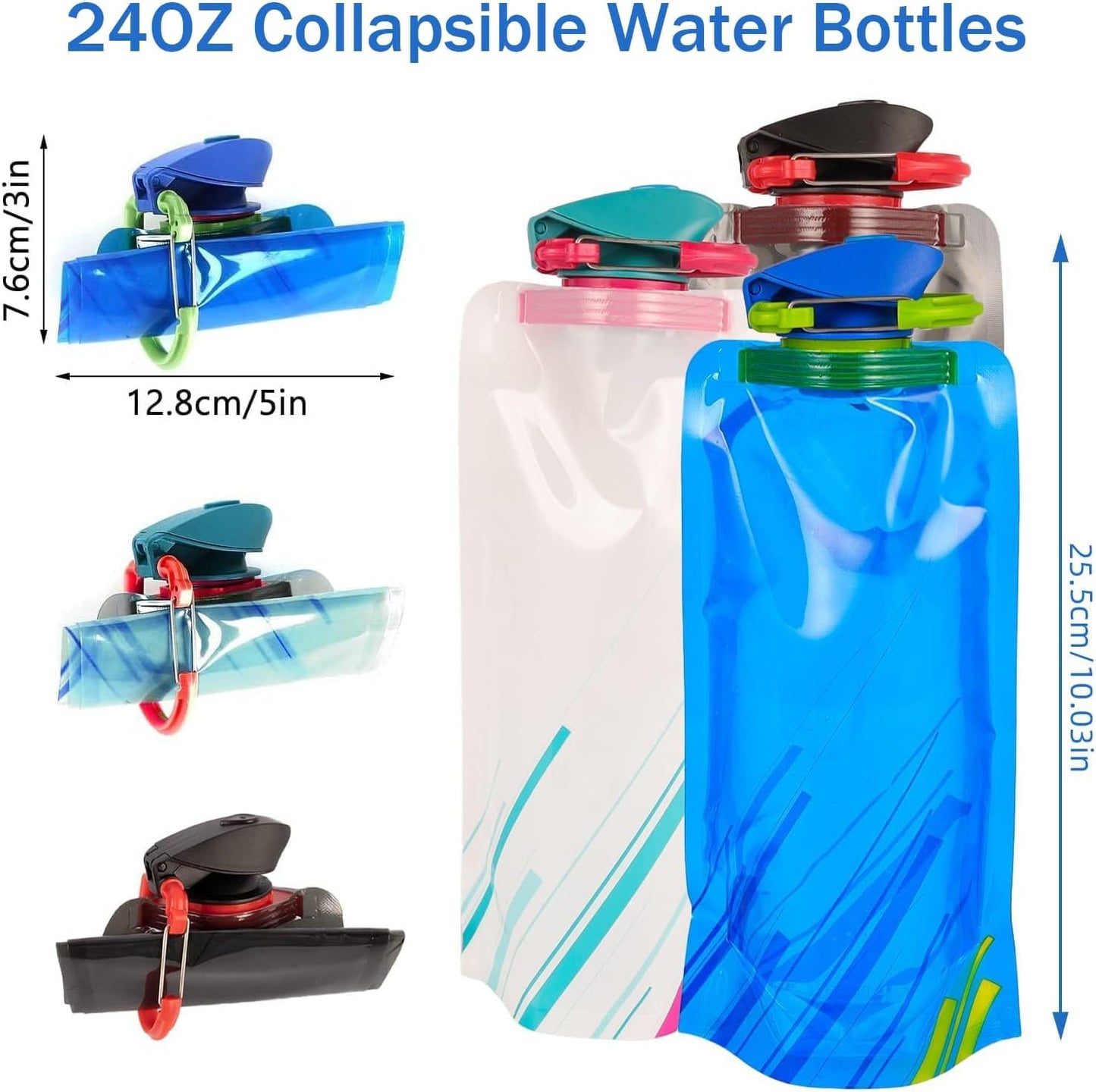 LuLuya 4 Pack Collapsible Water Bottles for Travel – 23oz Foldable Water Bottle with Carabiner,Leakproof BPA-Free Water Jup, Portable Reusable Water Bottle for Hiking,Sports,Camping,Biking