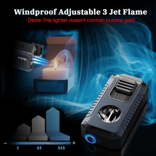 Torch Lighter Built-in Cutter, Punch, Holder, and Draw Enhancer Tool, with Gift Box for Men, Windproof Triple Jet Flame, Refillable Butane Lighter, All-in-one Lighters Accessories for Candle, Outdoor