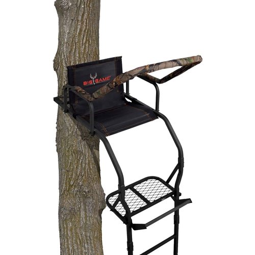 BIG GAME 1-Person Ladder Tree Stand for Hunting Deer, Flex-Tek Seat, 17' Tall, Black - Adjustable Climbing Treestand with Platform and Safety Harness for Shooting