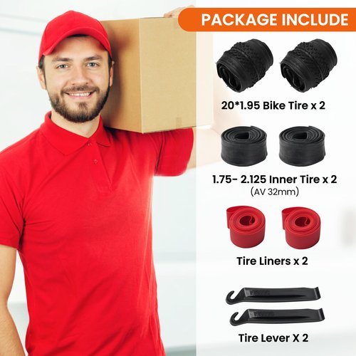 Lukasports 2Pcs Mountain Bike Tires and 2Pcs Tubes Set, 20”x1.95”- 2.125” Bike Tire & 1.75”- 2.125” AV 32mm Inner Tubes, Folding Replacement Tires, Puncture-Resistant 20x1.95 Road Kid Bike Tire