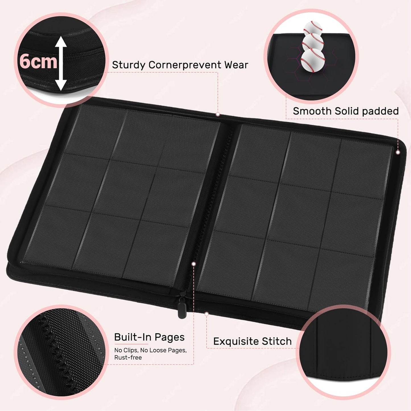 12 Pocket Card Binder, Zipper Trading Card Binder, 720 Large Capacity Side Loading Non-Ring Card Album, Double Sided Acid-Free Card Protector Binder, Card Collection for TCG, MTG, Sport Card, Pink