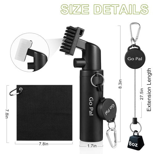 Go Pal Golf Club Cleaner: 5oz Portable Water Bottle Golf Club Brush with Groove Cleaner, Nylon Bristles, Towel, Retractor, Push Button for Easy Cleaning - Golf Club Bag Accessories for Men Women