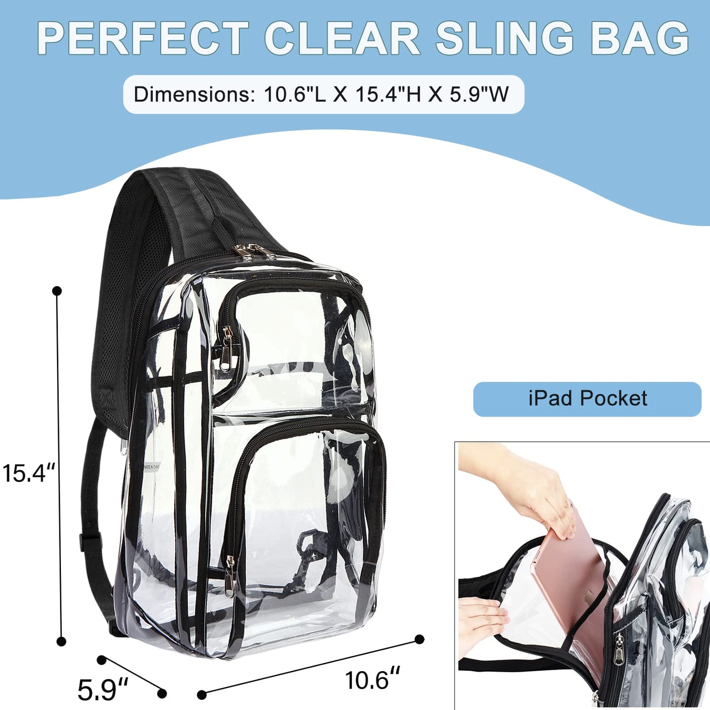 Busiuw Clear Backpack Stadium Approved with Adjustable Reinforced Straps, 3 in 1 Clear Crossbody Bag for Festivals and Games (Plus size)-Black