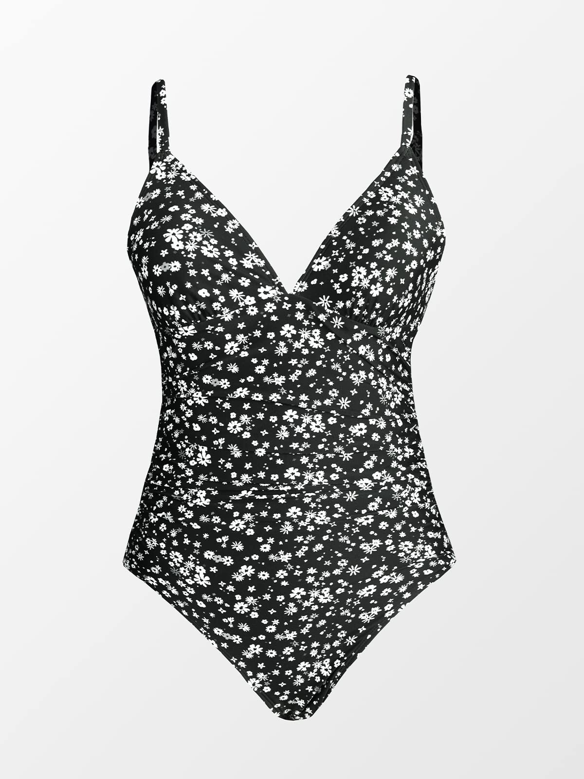 CUPSHE Womens Swimwear One Piece Swimsuit Bathing Suits Floral Deep V Neck Tummy Control Low Back Adjustable Straps, Large, Black Floral
