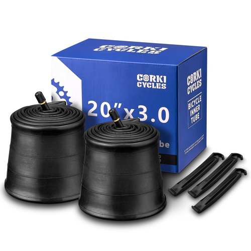 Corki Cycles 20 x 3.0 Fat Tire Tube, 20 x 3 Bike Inner Tube with 32mm Schrader Valve Heavy Duty Butyl Rubber for E-Bikes BMX Folding Bicycles - 2 Pack