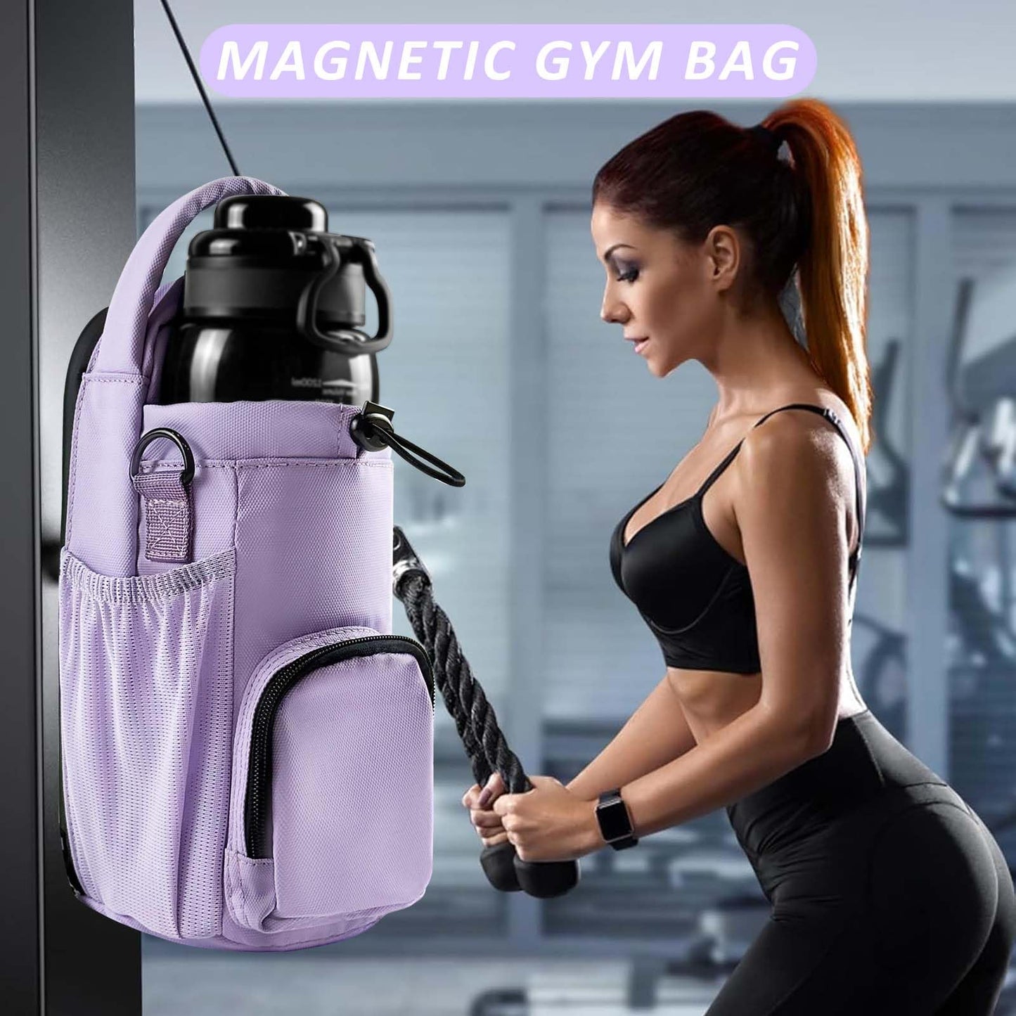 JACZZO Magnetic Gym Bag for Men and Women, Small Crossbody Gym Bag, Water Bottle with Phone Holder, Gym Gifts for Women (Purple)