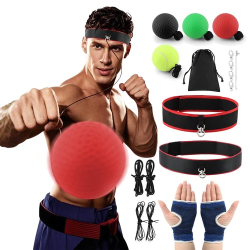 Boxing Reflex Ball Headband Set, 2 Adjustable Headbands + 4 Different Balls + 1 Pair Protective gloves with Storage Bag, for Adults and Kids Beginner Proficiency Improvement, Punching Speed, Agility
